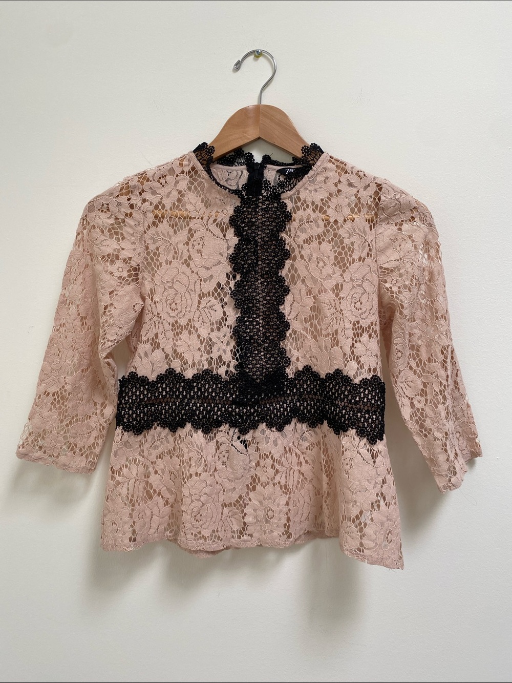 Zara Beige Lace Blouse with Black Crochet Trim